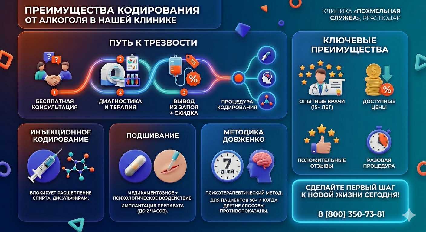 Инфографика о методах кодирования от алкоголя в Грамотеино: инъекции, подшивание, метод Довженко. Преимущества клиники и этапы лечения.