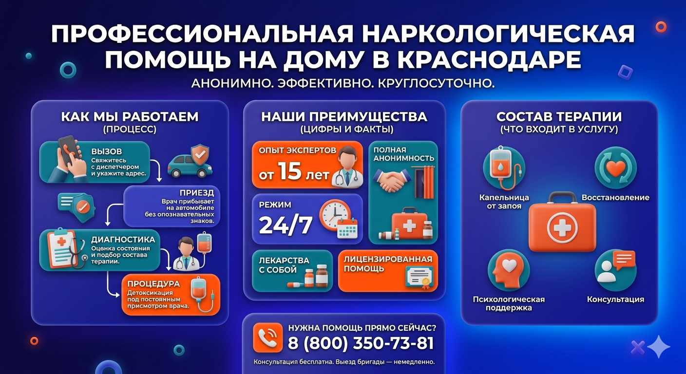 Инфографика о принципах лечения алкоголизма на дому в Грамотеино: этапы вызова нарколога, преимущества анонимной детоксикации и состав медицинской помощи.